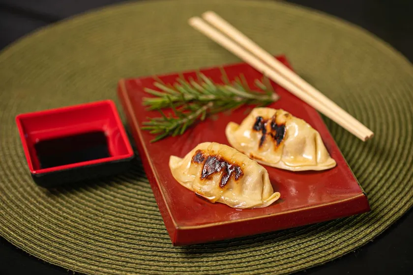 Crispy pan-fried dumplings on a red plate