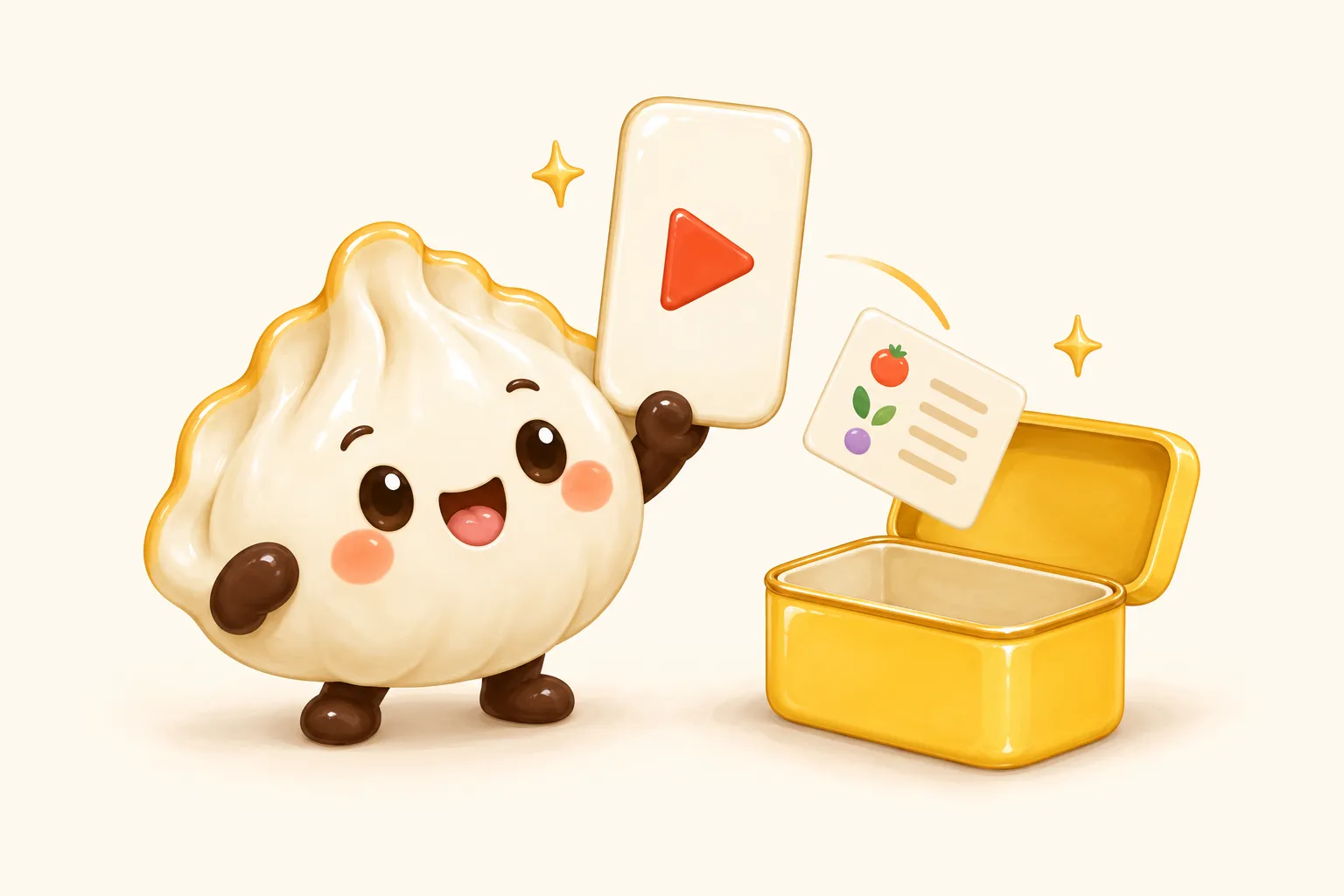 The Potsticker dumpling holds up a phone with a play button while a recipe card flies out of it into a butter yellow recipe tin.